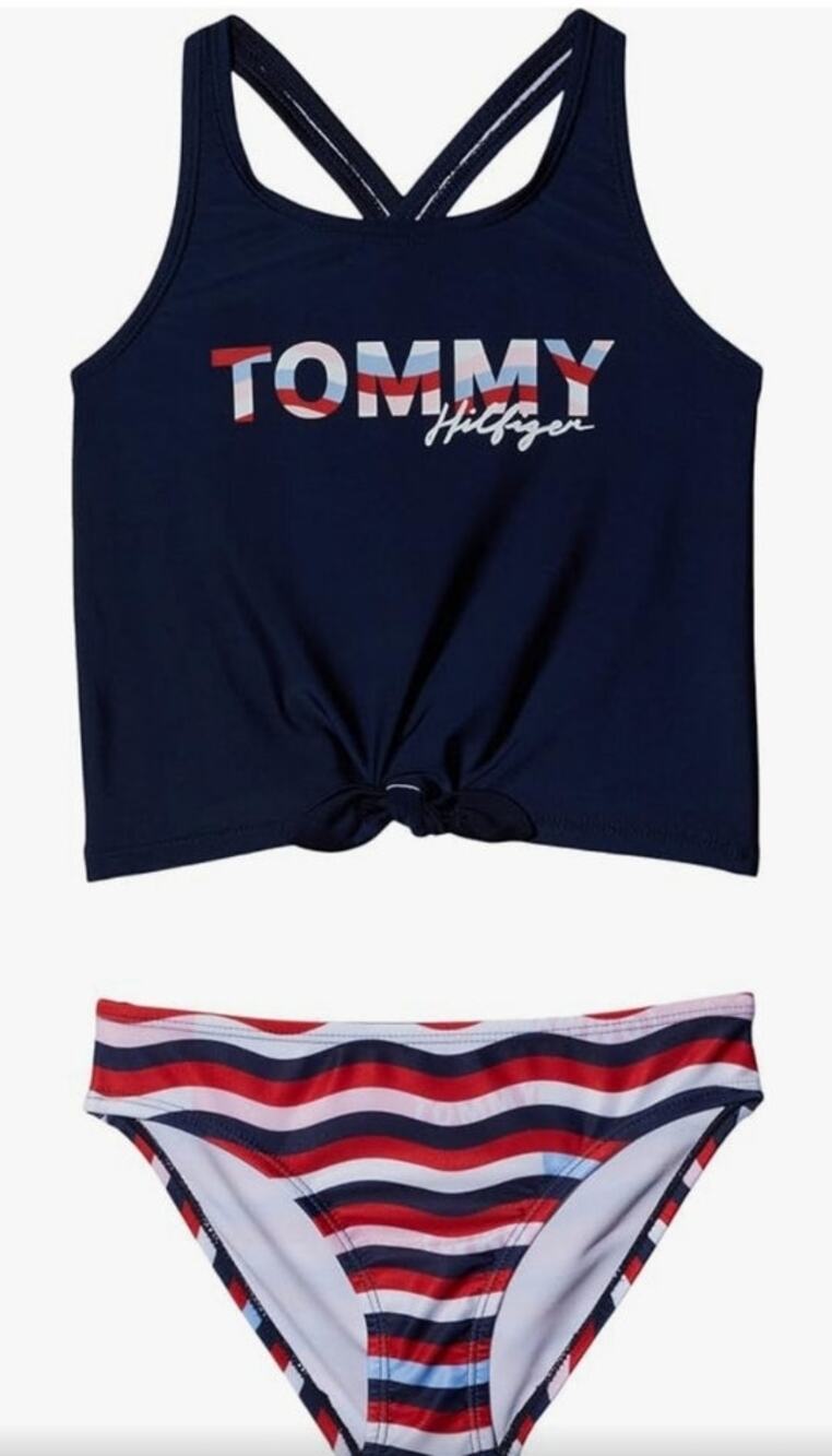 TOMMY HILFIGER Big Girls Logo Wave Print Tankini, 2 Piece Set XL